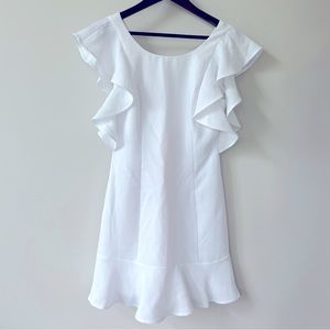 BCBG white mini dress with ruffled sleeves and double lining, size 2